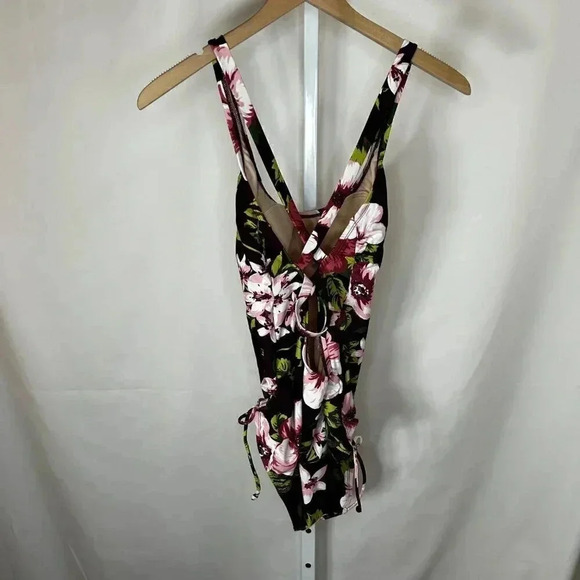 Kona Sol Size Large (12-14) Burgundy One Piece Swimsuit Beach Floral Tropical - Picture 2 of 9
